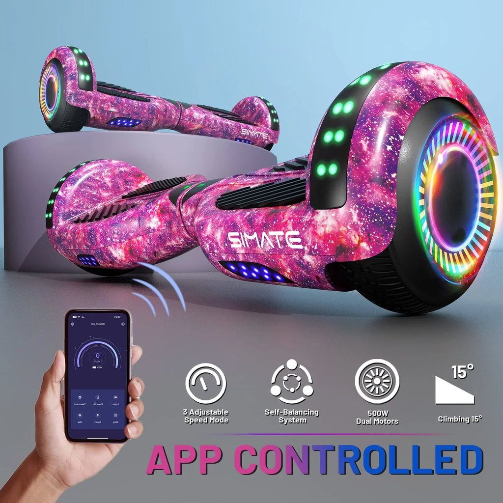 SIMATE 6.5in Self-Balancing Hoverboard With Bluetooth, LED Lights, Galaxy Purple - SIMATE Hoverboard