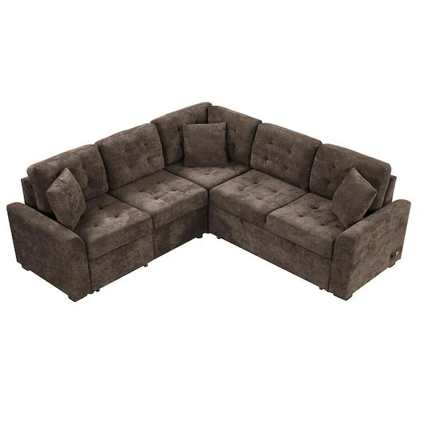 82.6 in L-Shaped Corded Velveteen Sectional Sleeper Sofa, Brown, USB Ports And Power Sockets - 82.6 in W x 82.6 in D x 33 in H
