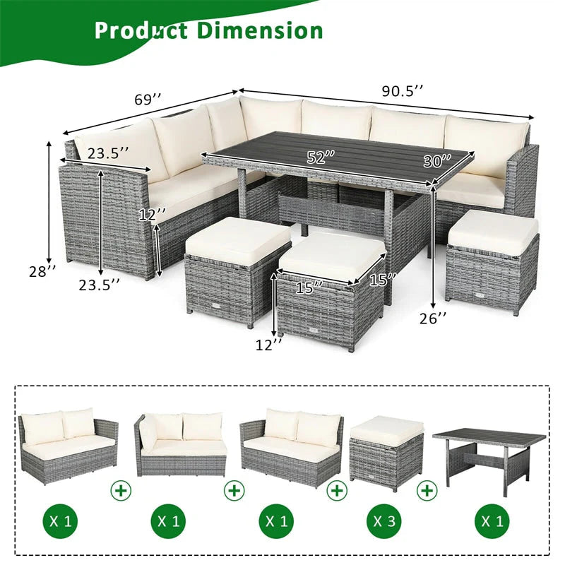 7-Piece Rattan Patio Dining Set With 3 Corner Chairs, 3 Ottomans And Table