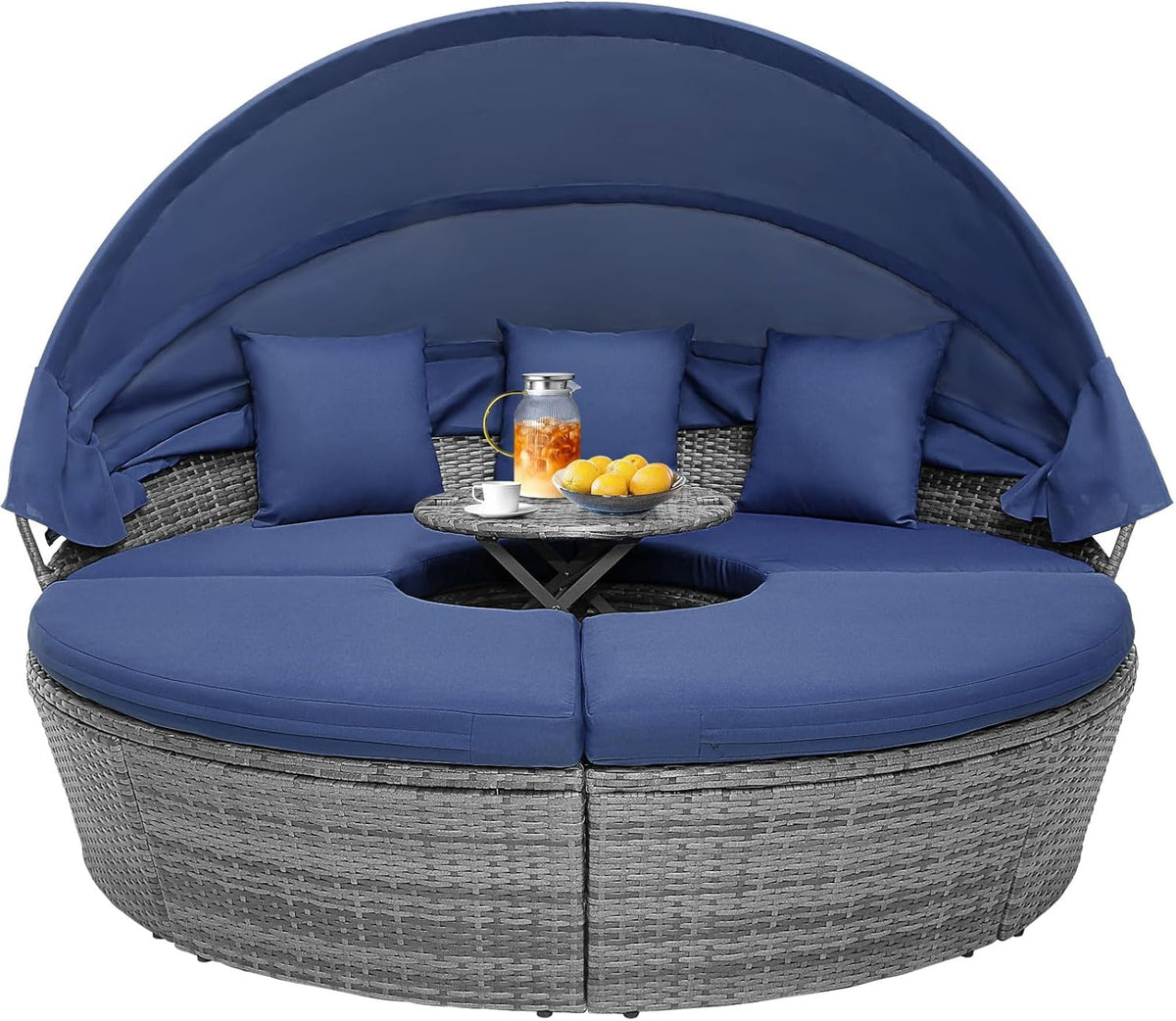 Rattan Round Outdoor Daybed With Retractable Sunshade Canopy, Cushions And Lift-Top Coffee Table