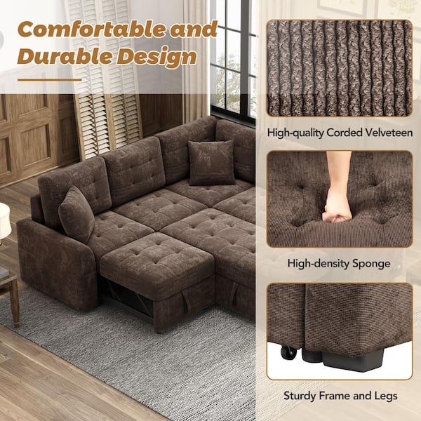 82.6 in L-Shaped Corded Velveteen Sectional Sleeper Sofa, Brown, USB Ports And Power Sockets - 82.6 in W x 82.6 in D x 33 in H