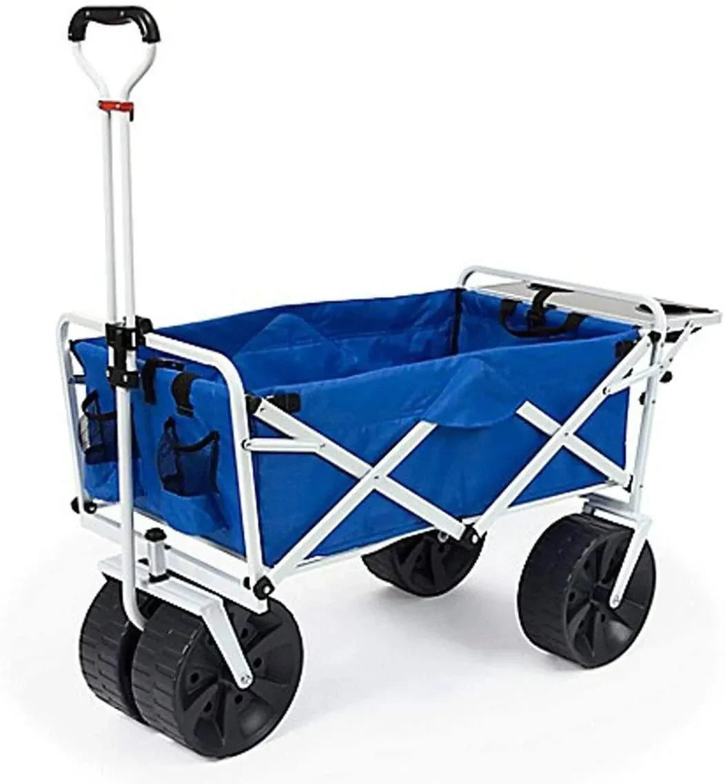 MacSports All Terrain Beach Wagon With Side Table, Blue/White, 37 inch L x 21 inch W x 25 inch H