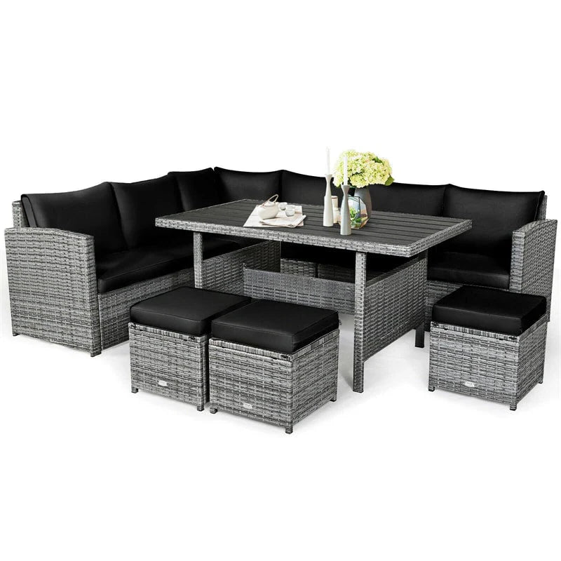 7-Piece Rattan Patio Dining Set With 3 Corner Chairs, 3 Ottomans And Table