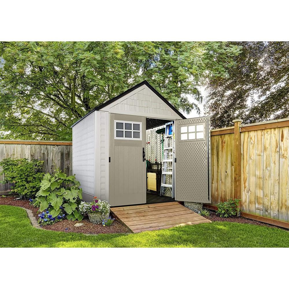 Rubbermaid Resin Outdoor Garden Storage Shed 7 x 7 ft, Sand - With Windows And Utility Hooks