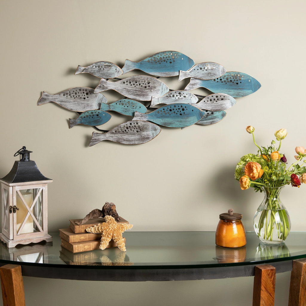 Metal Fish Wall Sculpture, Blue And Aqua, 35.75 Inches H x 14.75 Inches W x 1.75 Inches D