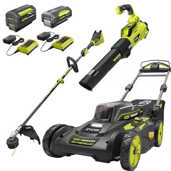 RYOBI 40V Brushless 20 in Self-Propelled Mower, String Trimmer & Leaf Blower Kit With 2 Batteries, 2 Chargers - RY401120-Y RY40270 RY40407BTLVNM