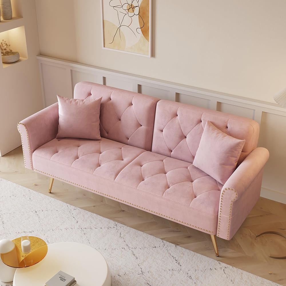 KEIKI 70-Inch Folding Velvet Futon Loveseat Sofa Bed - Pink