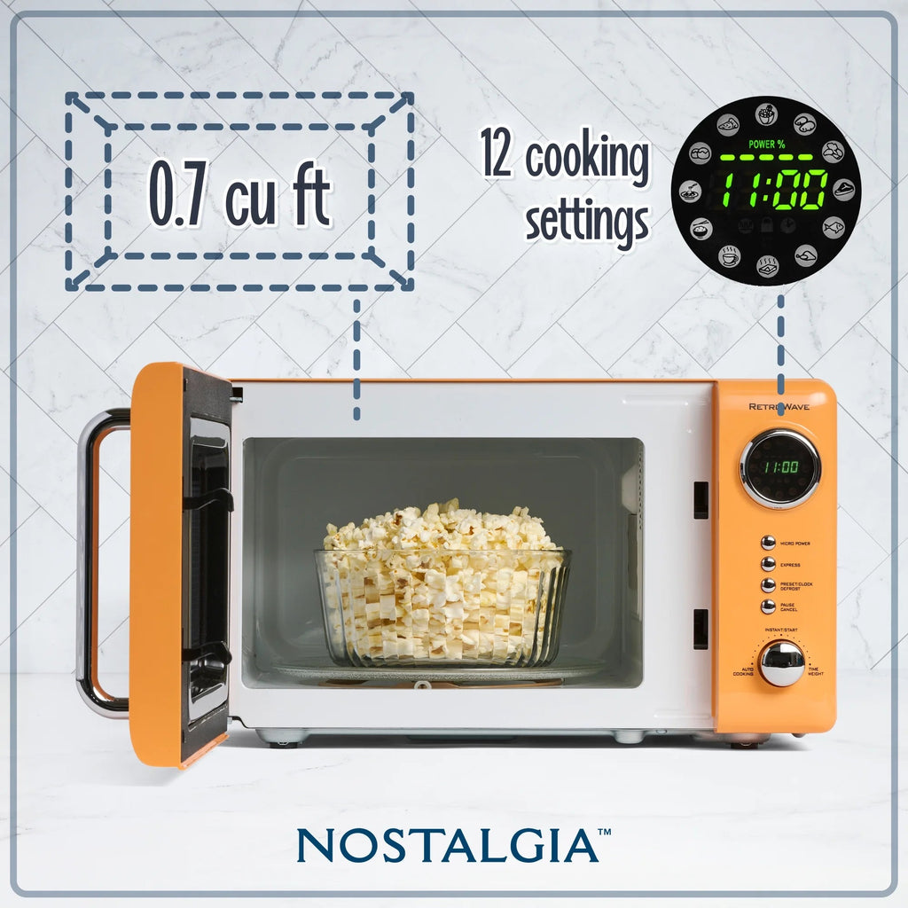 Nostalgia Retro Compact Countertop Microwave Oven 0.7 Cu. Ft. 700-Watts Orange