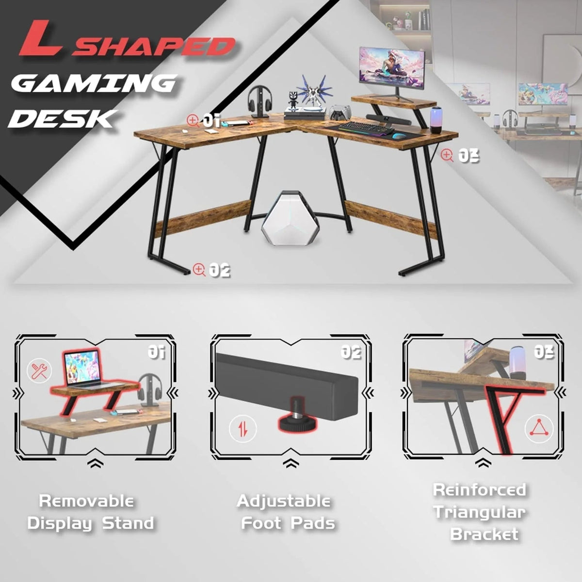 L-Shaped Gaming Computer Desk With Removable Monitor Stand, 51.3 in x 19.8 in x 29 in
