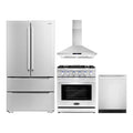 Cosmo 4-Piece Kitchen Appliance Package - 30 in Gas Range, Wall Mount Range Hood, 24 in Built-In Dishwasher, French Door Refrigerator