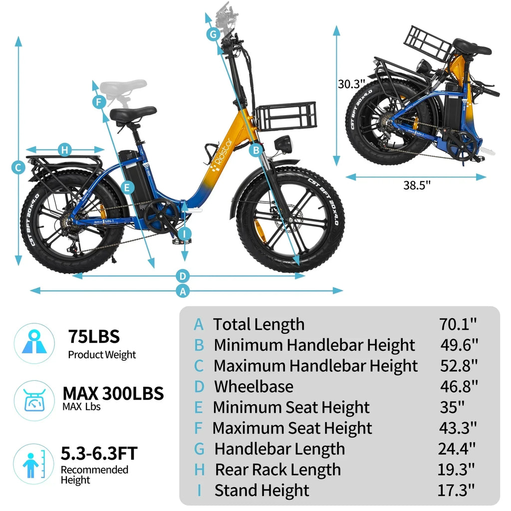 Electric Bike For Adults 750W 48V 15Ah Removable Battery 20x4 Fat Tire Folding - MN-20