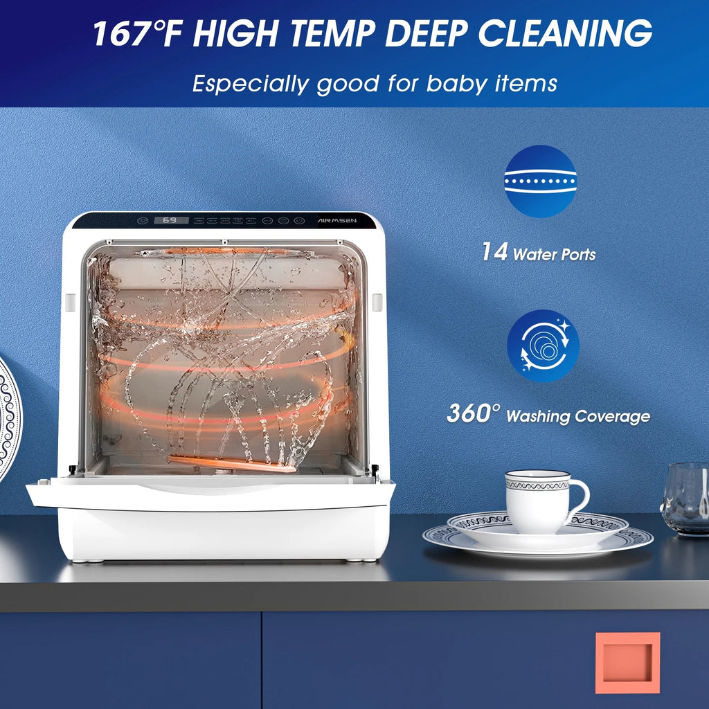 AIRMSEN Portable Countertop Dishwasher With 5L Built-In Water Tank And 5 Washing Programs - AE-TDQR03