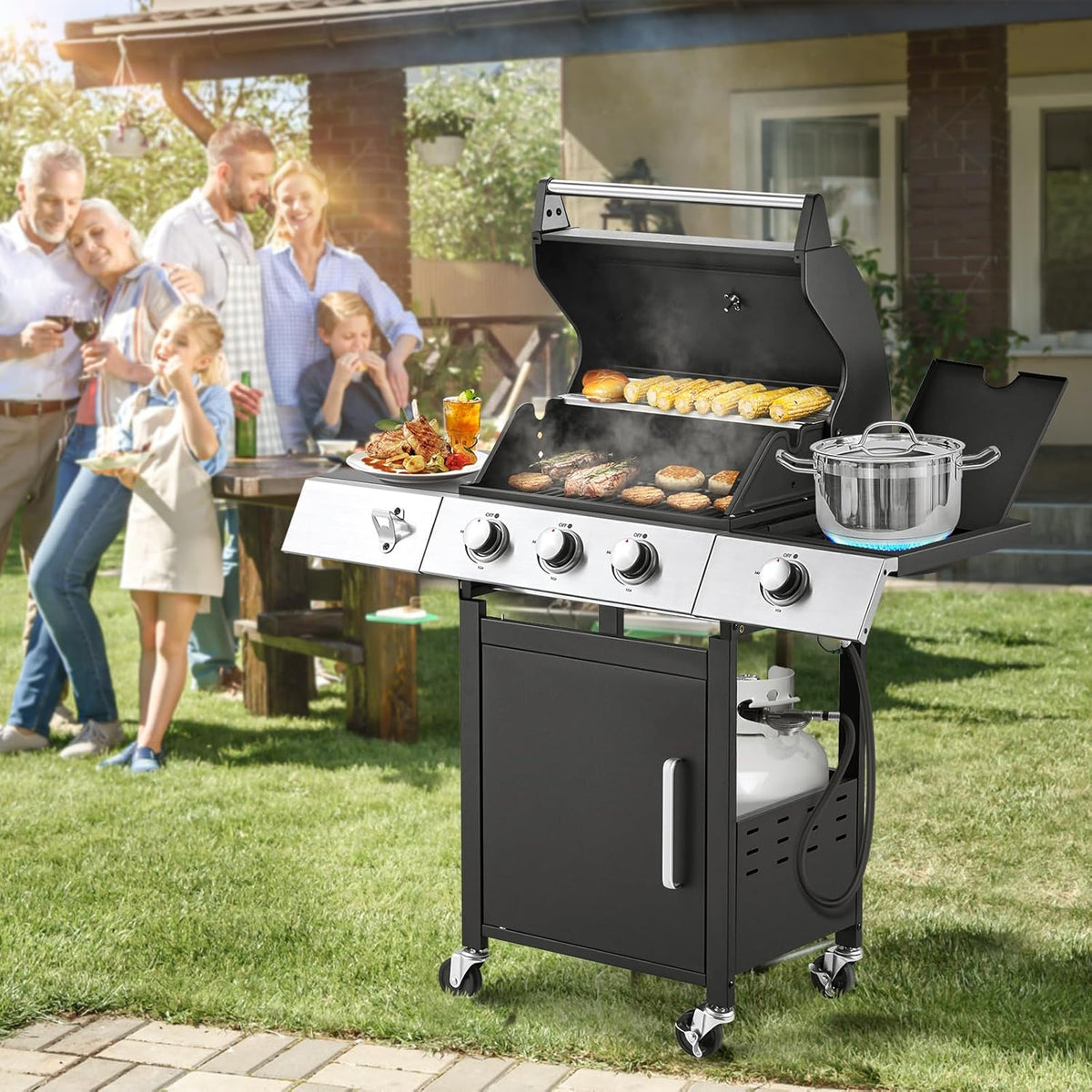 MELLCOM 4 Burner Propane Gas Grill With Cast Iron Grates And Side Stove, 44,000 BTU, Black - BBQ-4+1