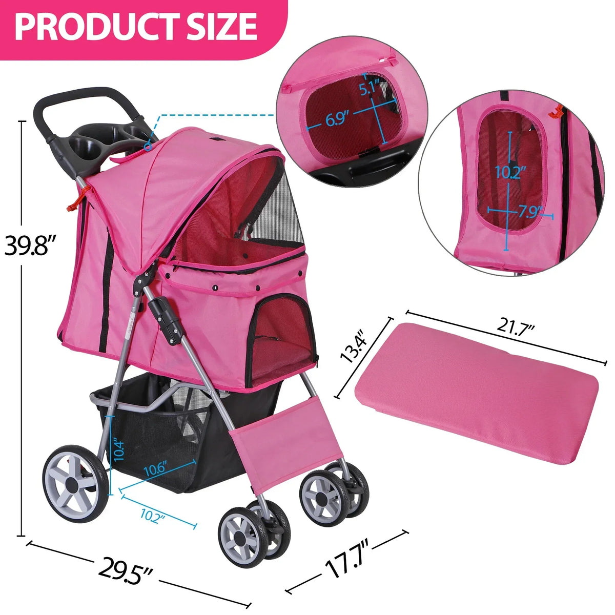 ZENSTYLE 4-Wheel Foldable Pet Stroller Carrier Cart With Storage Basket - 35 LBs