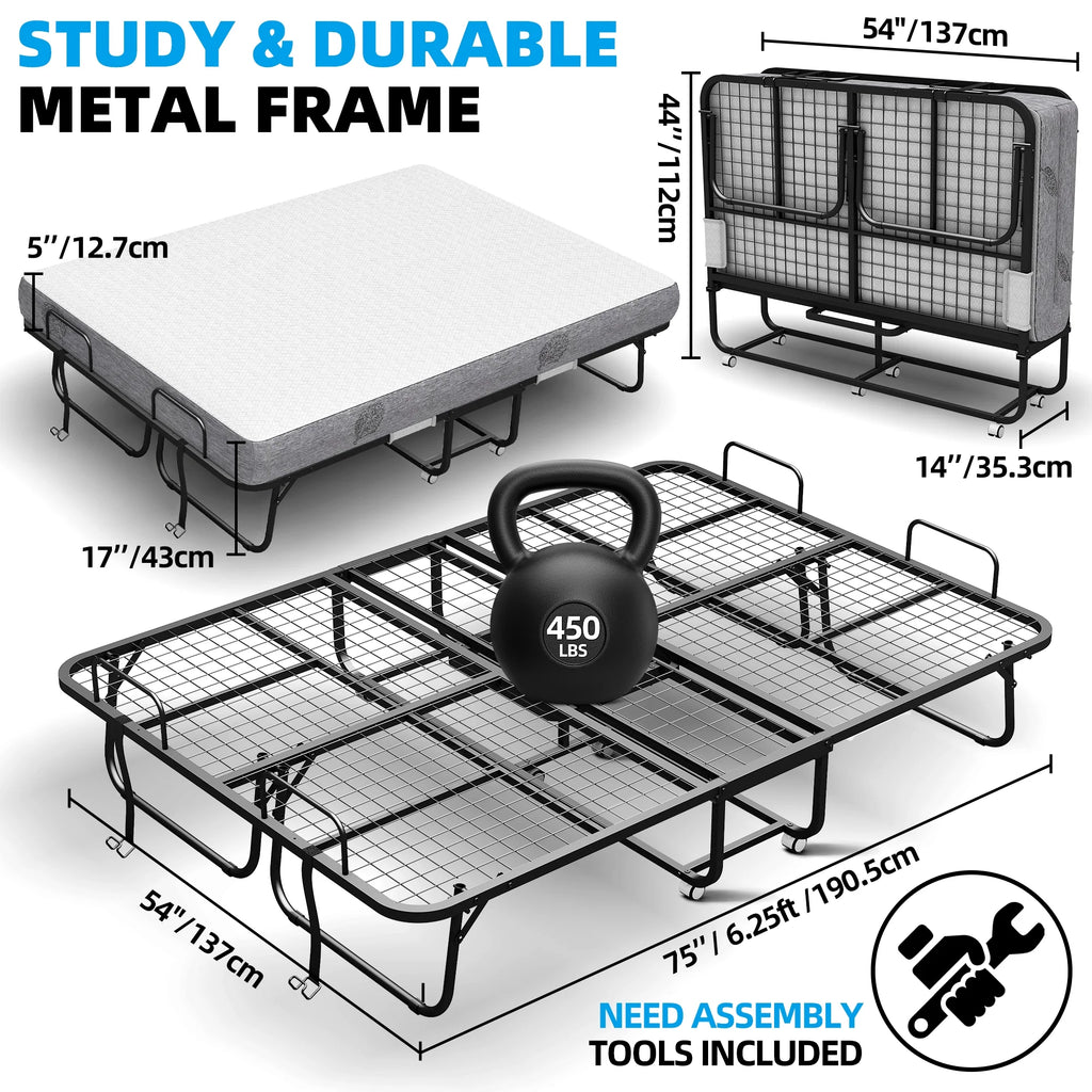 Folding Rollaway Guest Bed With 75in x 31in Cot Mattress And 5in Memory Foam