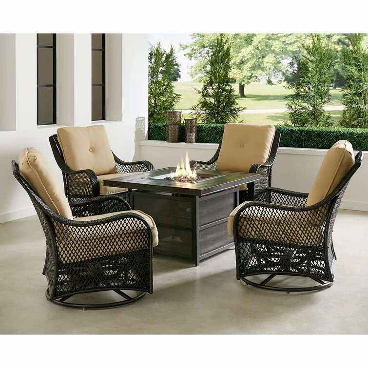 Hanover Orleans 5-Piece Steel Patio Fire Pit Conversation Set With Navy Blue Cushions, Swivel Gliders And Square Fire Pit Table