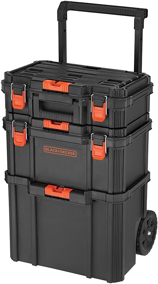 Stackable Tool Storage System, Black, 3-Piece Set, 50.8L X 40W X 73.7H Centimetres