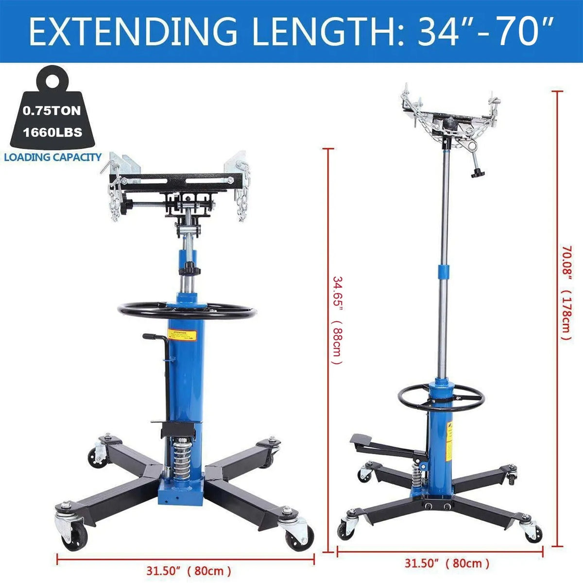 Hydraulic Car Transmission Jack Vertical Lift, 1660 Pounds, 33-70 in, Blue