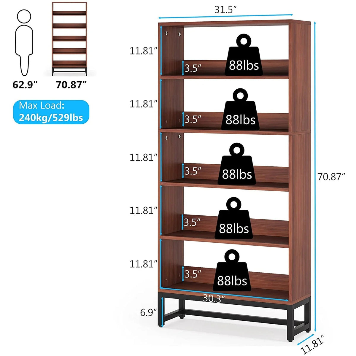 5-Tier Bookcase 31.5 Inch Wide x 11.81 Inch Deep x 70.87 Inch Tall - Sandalwood, Walnut, White, Black