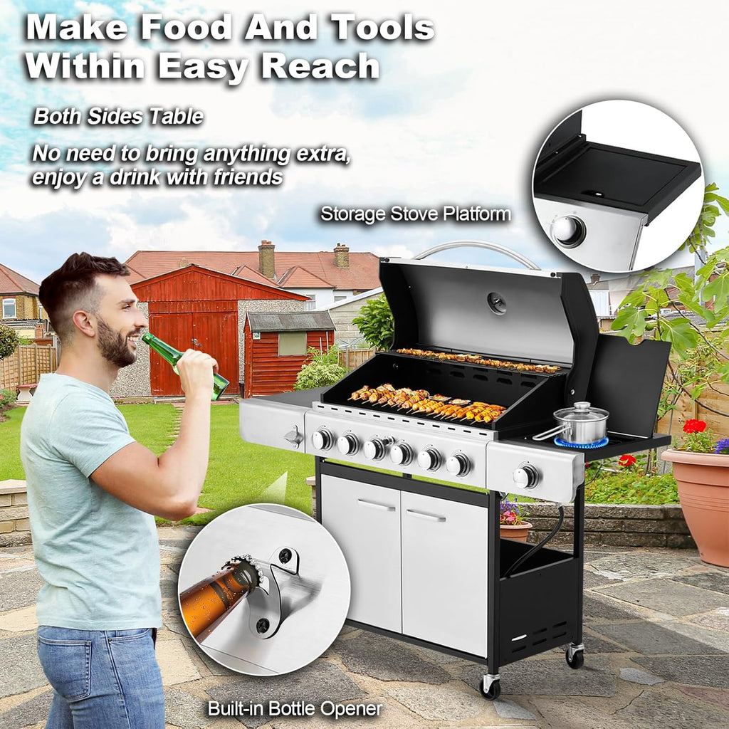 MELLCOM 4 Burner Propane Gas Grill With Cast Iron Grates And Side Stove, 44,000 BTU, Black - BBQ-4+1