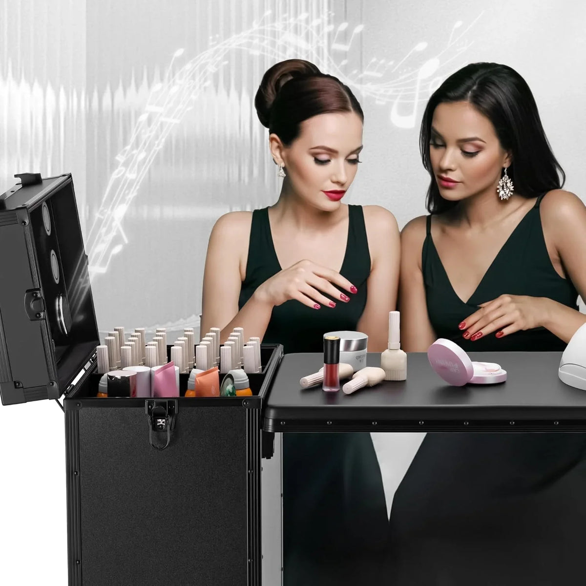 ZhenGuiRu Rolling Manicure Table With Drawers, Bluetooth Speaker, LED Mirror, TSA Lock - 15.3 x 10.8 x 30.8 in