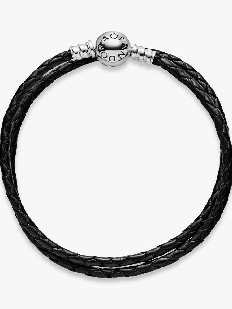 Pandora Moments Double Black Leather Bracelet