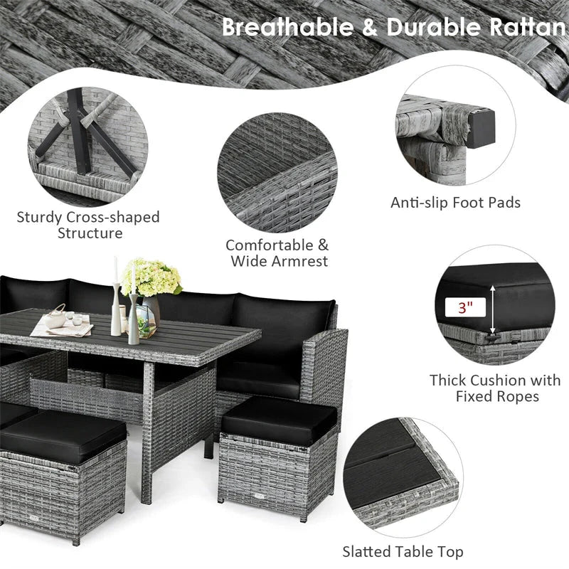 7-Piece Rattan Patio Dining Set With 3 Corner Chairs, 3 Ottomans And Table