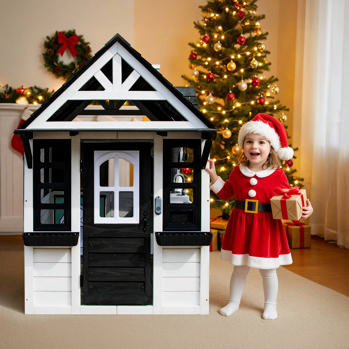 COCLUB Wooden Outdoor Playhouse With Doorbell, Phone And Kitchen Toys, 45in L x 43in W x 65in H