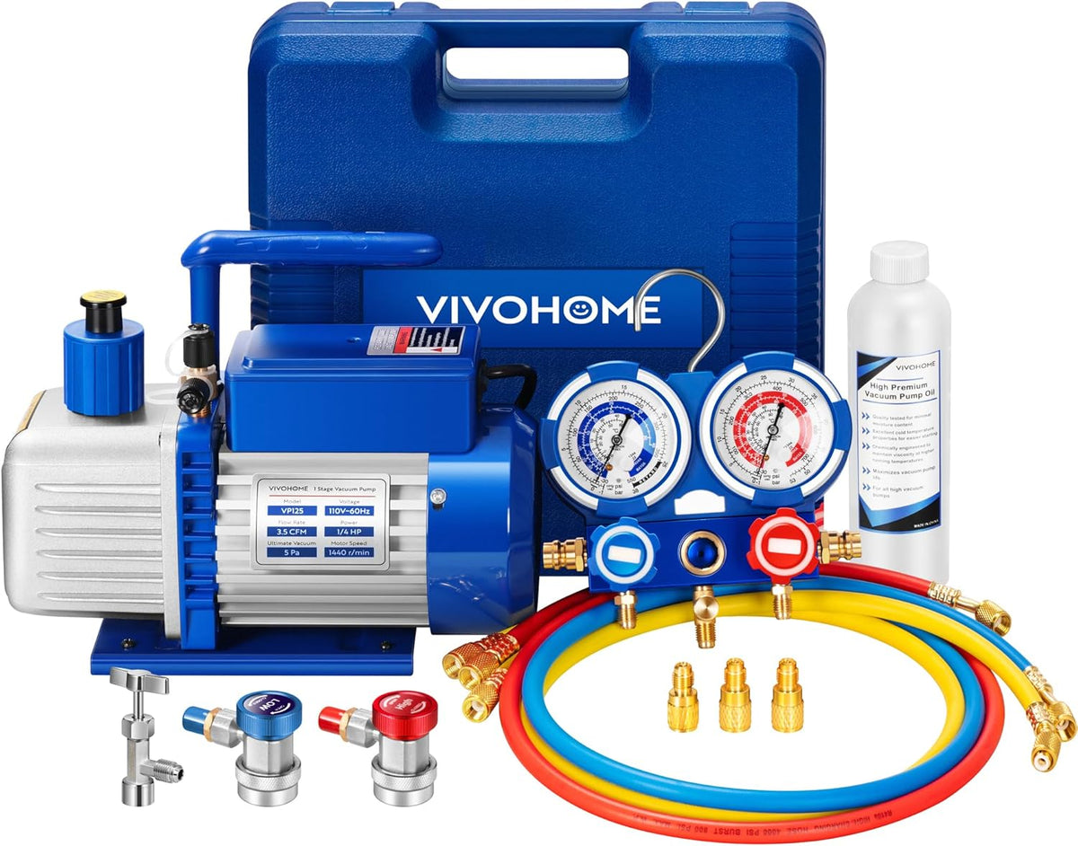 Single-Stage Rotary Vane Air Vacuum Pump With R134a AC Manifold Gauge Kit - 110V, 1/3 HP, 4 CFM