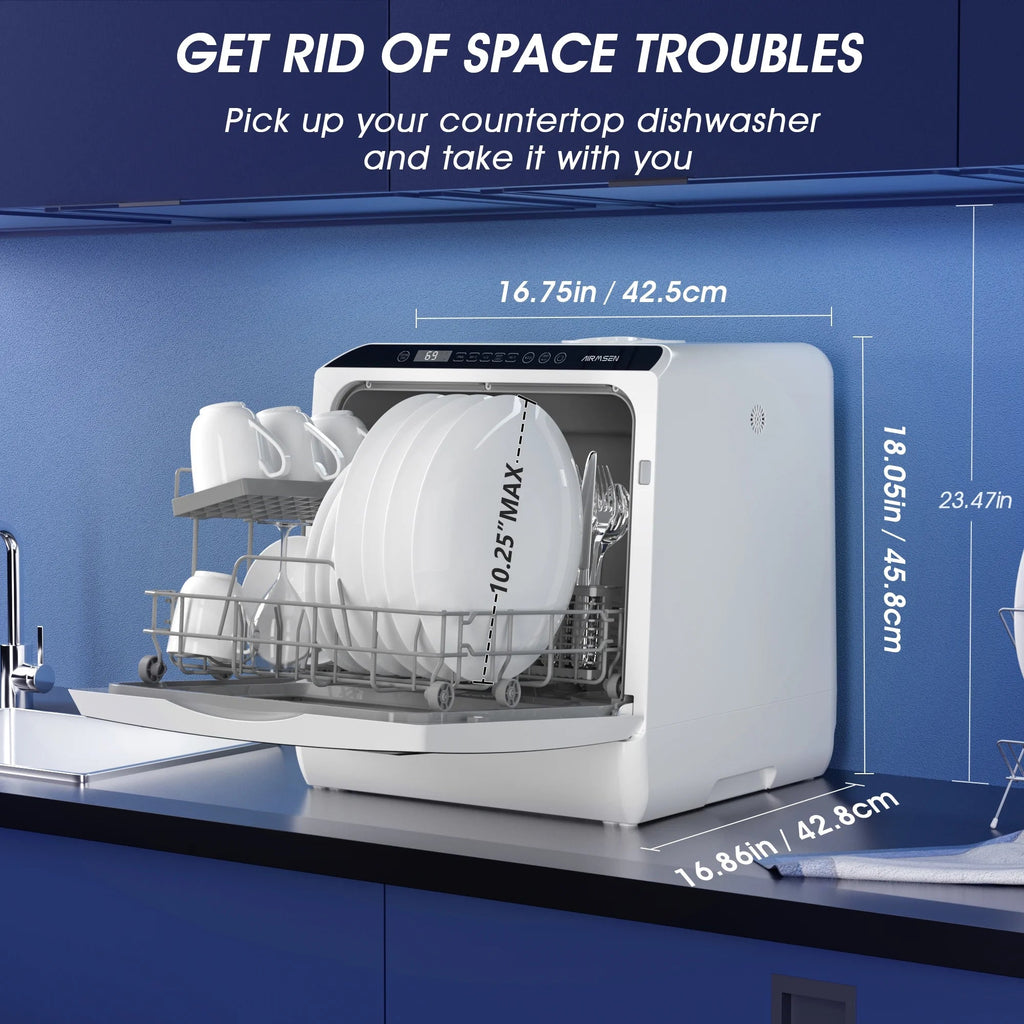 AIRMSEN Portable Countertop Dishwasher With 5L Built-In Water Tank And 5 Washing Programs - AE-TDQR03