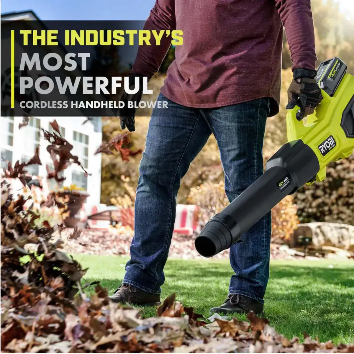 Ryobi 40V HP Brushless Whisper Series Cordless Jet Fan Leaf Blower, 190 MPH 730 CFM, 2 4.0 Ah Batteries And Charger