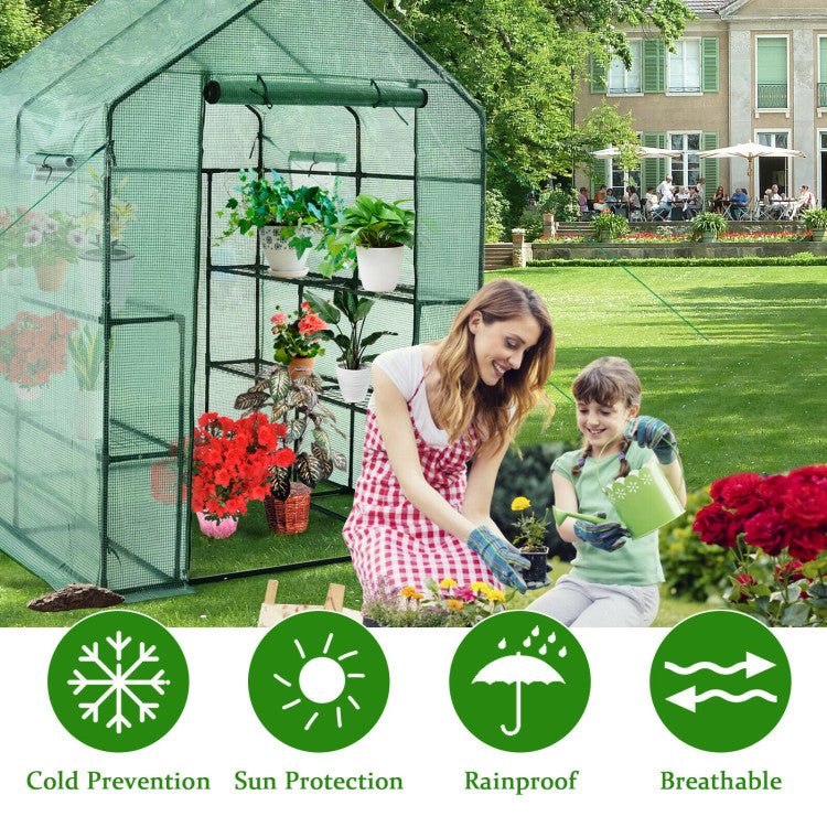 Walk-In Garden Greenhouse With Observation Windows, 56 in x 56 in x 77 in, 8 Shelves, Green