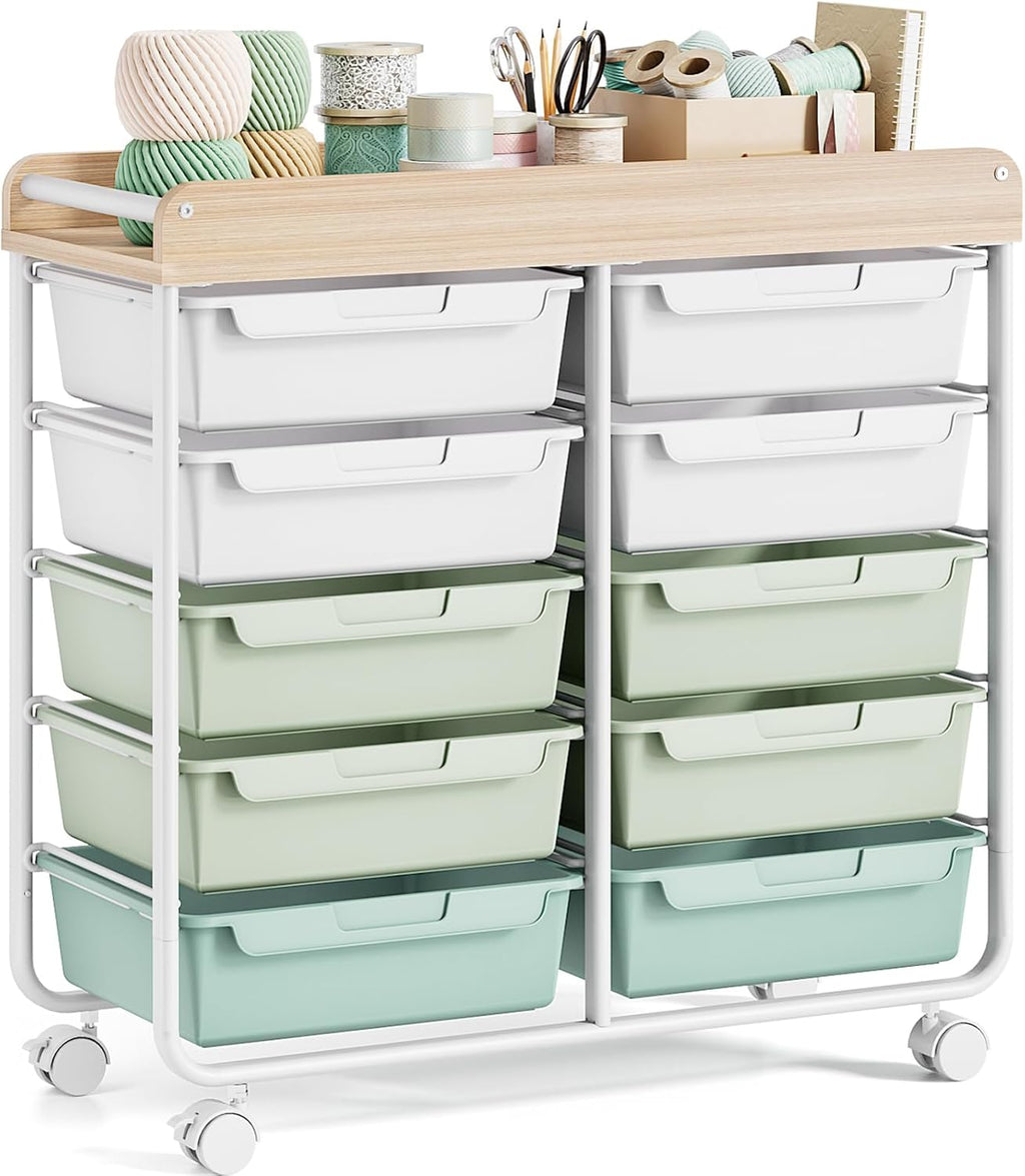 Rolling Storage Cart With 10 Large Drawers And Wooden Tabletop - Green