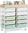 Rolling Storage Cart With 10 Large Drawers And Wooden Tabletop - Green