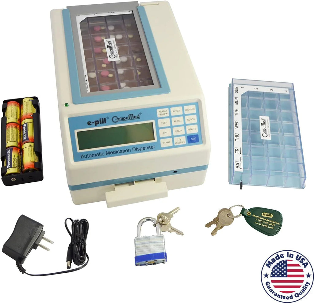 e-pill Automatic Pill Dispenser, Tamper Resistant, AC Powered, 7x4 Weekly Tray - CompuMed