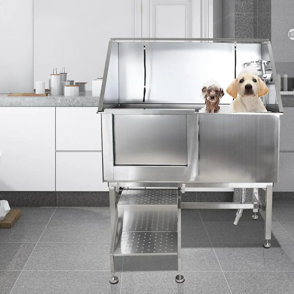 Stainless Steel Dog Grooming Tub With Ramp, Faucet And Sprayer - 50 inch Pet Wash Station
