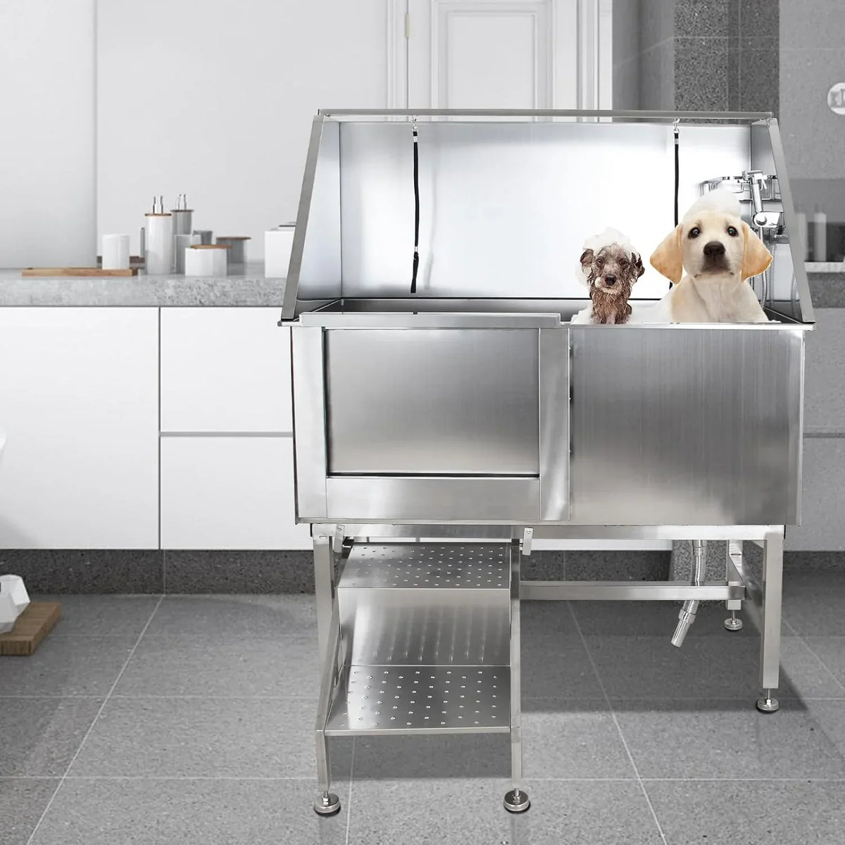 Stainless Steel Dog Grooming Tub With Ramp, Faucet And Sprayer - 50 inch Pet Wash Station