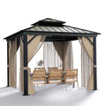 10x10 Hardtop Gazebo With Double Metal Roof, Aluminum Frame, Net And Curtain - Khaki