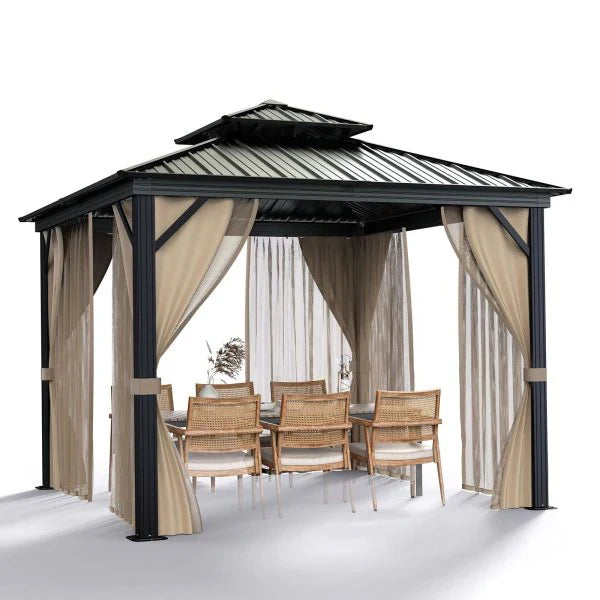 10x10 Hardtop Gazebo With Double Metal Roof, Aluminum Frame, Net And Curtain - Khaki