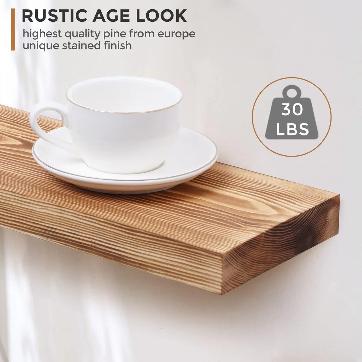 Set Of 2 Handcrafted European Pine Floating Wall Shelves, 16inch/24inch/36inch, Grey/Espresso/Walnut
