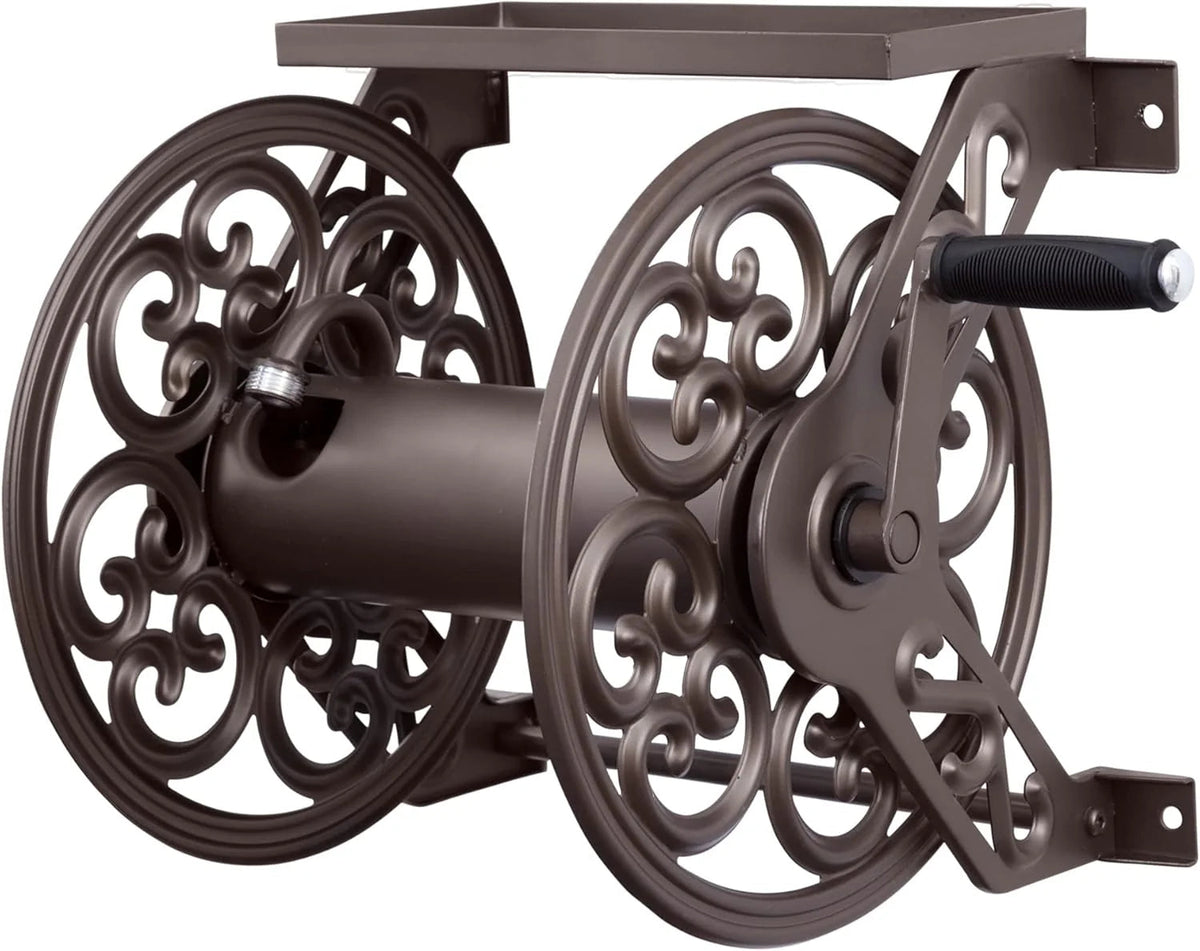 Steel Wall Mount Garden Hose Reel With Shelf, 125 Feet 5/8-Inch Capacity