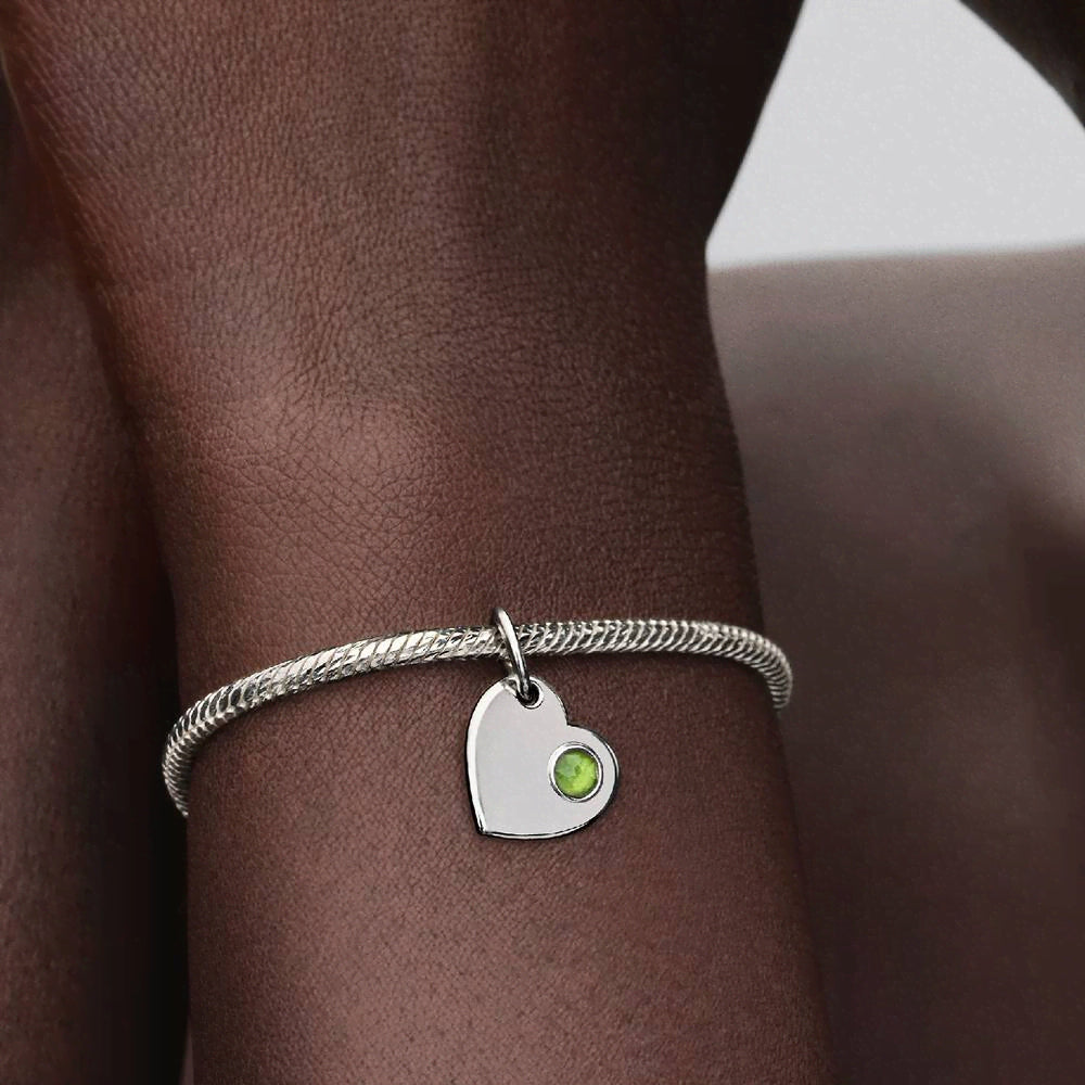 August Engravable Heart Spring Green Stone Dangle Charm