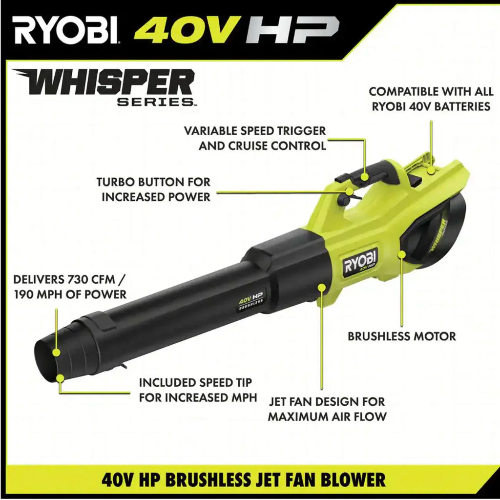 Ryobi 40V HP Brushless Whisper Series Cordless Jet Fan Leaf Blower, 190 MPH 730 CFM, 2 4.0 Ah Batteries And Charger