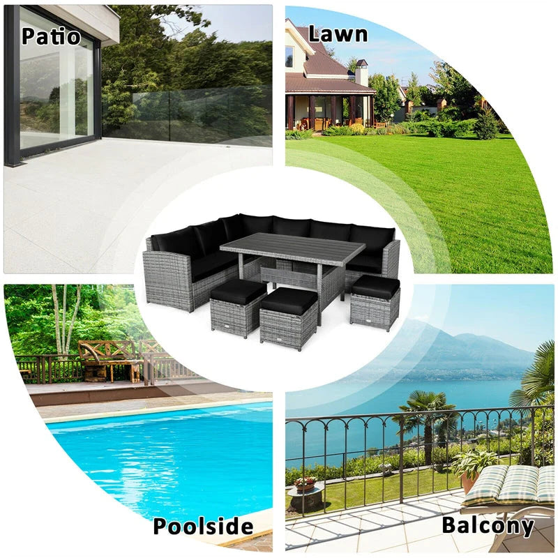 7-Piece Rattan Patio Dining Set With 3 Corner Chairs, 3 Ottomans And Table