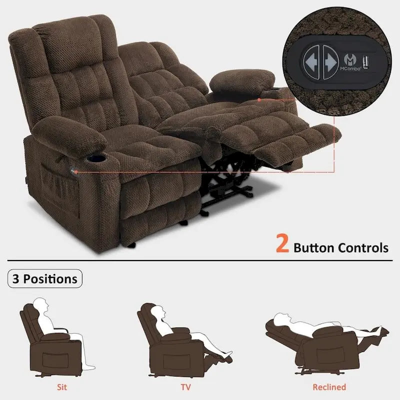 MCombo Power Reclining Loveseat With Heat, Vibration, Cupholders And USB Charge Ports - RS6314