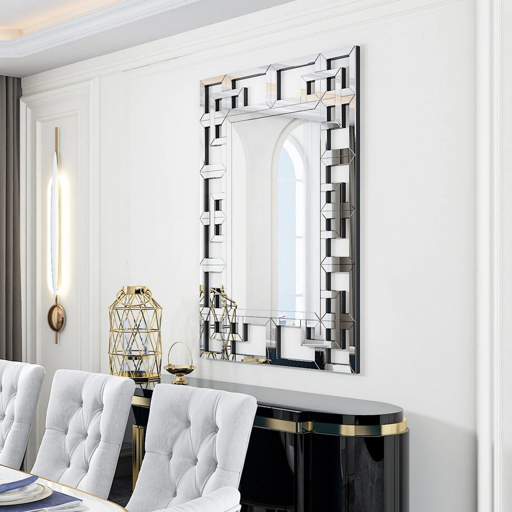 Silver Geometric Decorative Wall Mirror, 39.4in x 27.6in - MDF And Glass