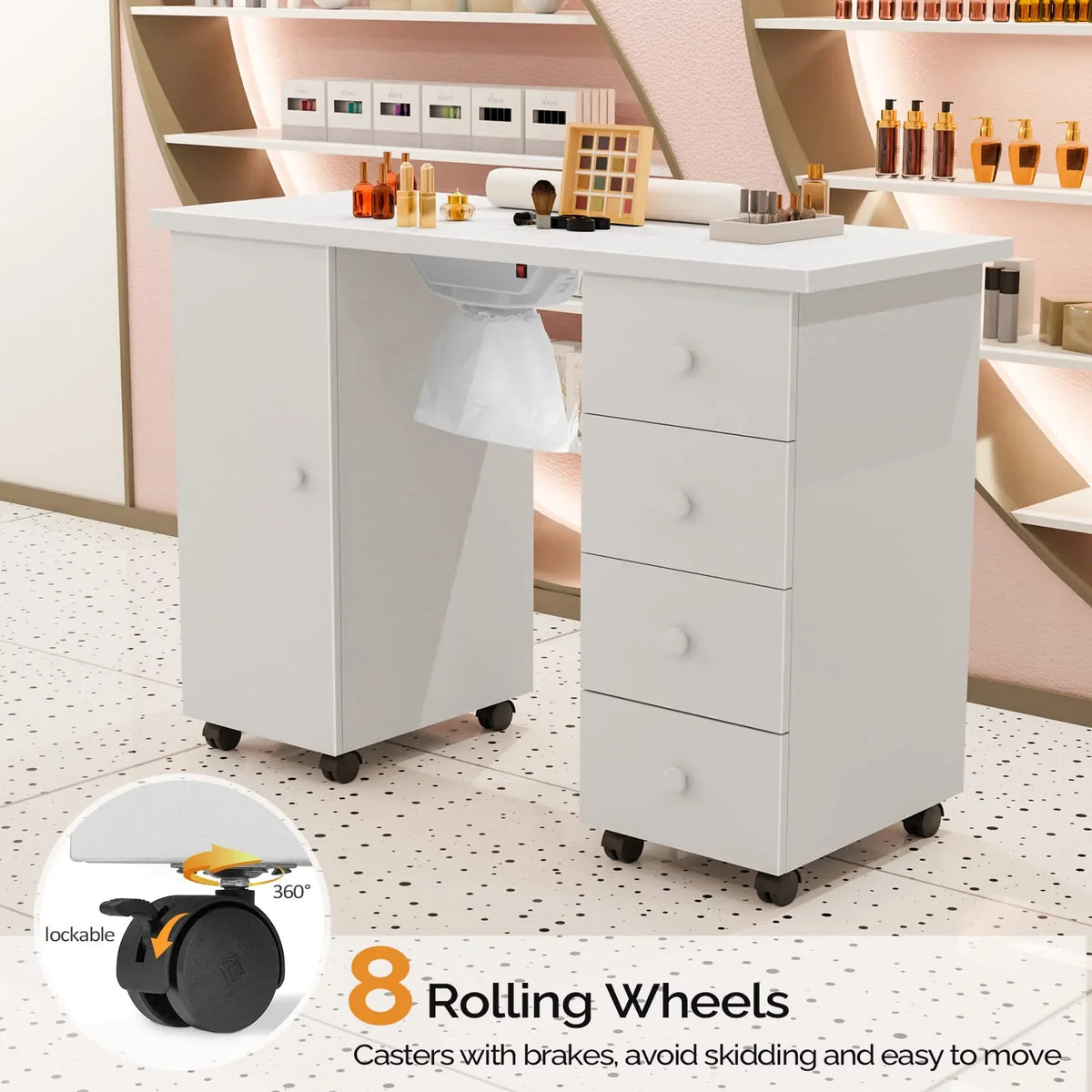 OmySalon Manicure Table Nail Desk With Electric Dust Collector, 4 Drawers, 3-Layer Cabinet