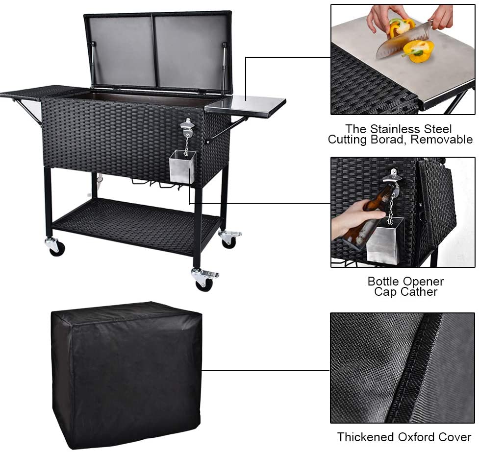 Rattan Rolling Cooler Cart, 80 Quart / 20 Gallon