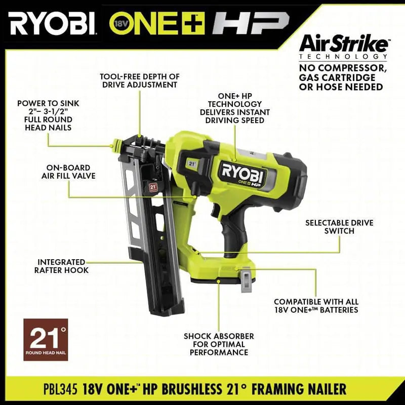 RYOBI ONE+ HP 18V Brushless Cordless AirStrike 21-Degree Framing Nailer - PBL345B