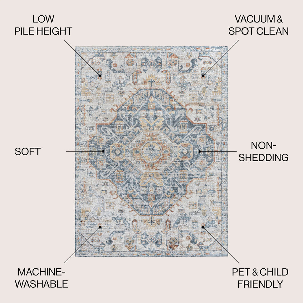 Bohemian Medallion Low-Pile Machine-Washable Area Rug, Cream And Terra